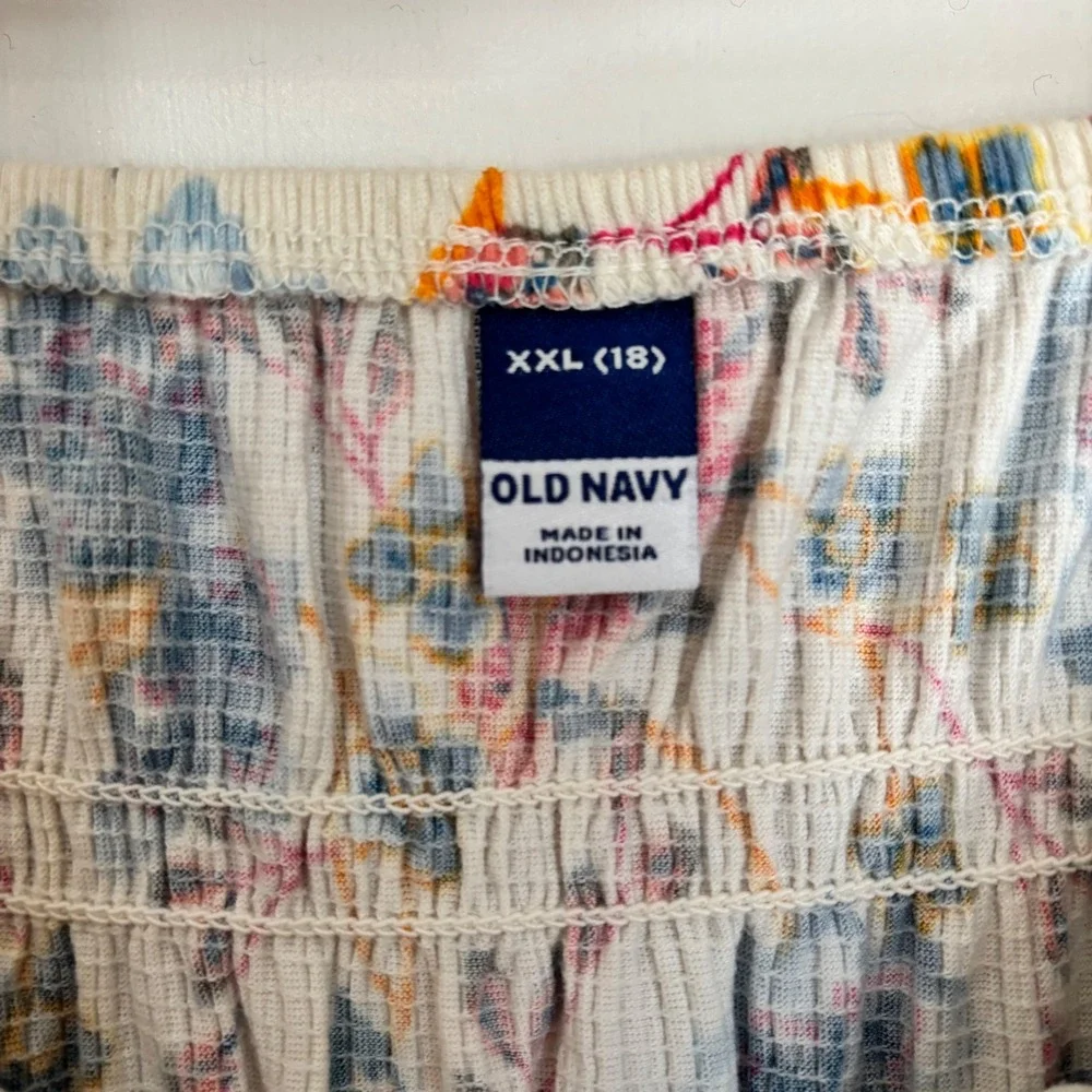 Old Navy Womens Smocked Garden Floral Top Square Neck Short Sleeve White Large